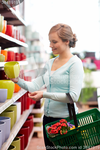 Image of woman with basket choosing flower pot in shop