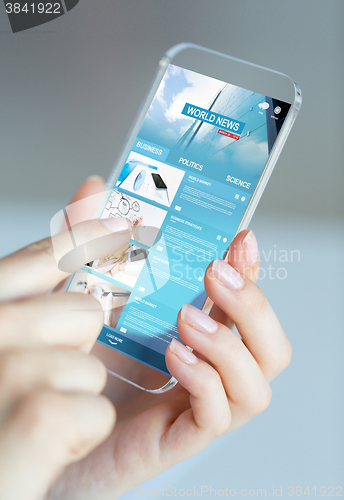 Image of close up of woman with news pages on smartphone