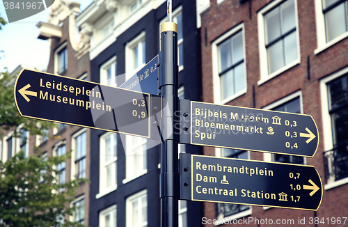 Image of AMSTERDAM; THE NETHERLANDS - AUGUST 19; 2015: Tourist signpost s