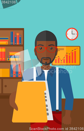 Image of Boss receiving file from employee.