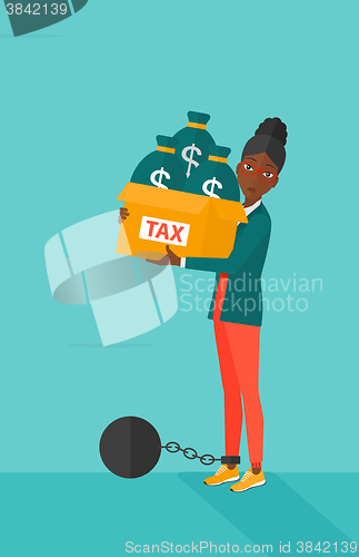 Image of Chained woman with bags full of taxes. 