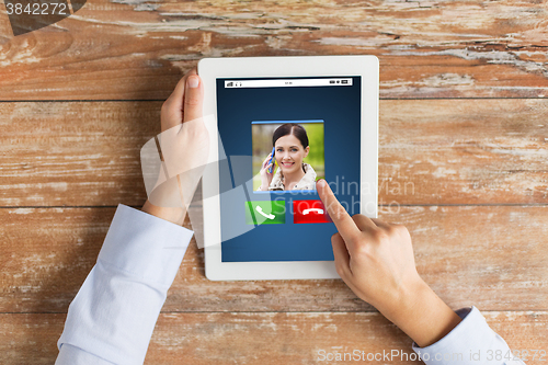 Image of close up of hands with incoming call on tablet pc