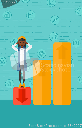 Image of Business woman standing on low graph.