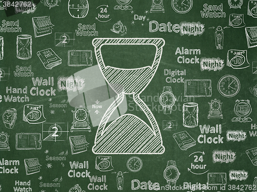 Image of Time concept: Hourglass on School Board background