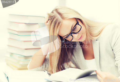 Image of student with books and notes