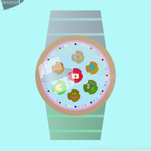 Image of Smart watch with flat icons. Vector illustration.