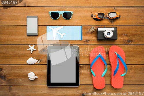 Image of close up of tablet pc and travel stuff