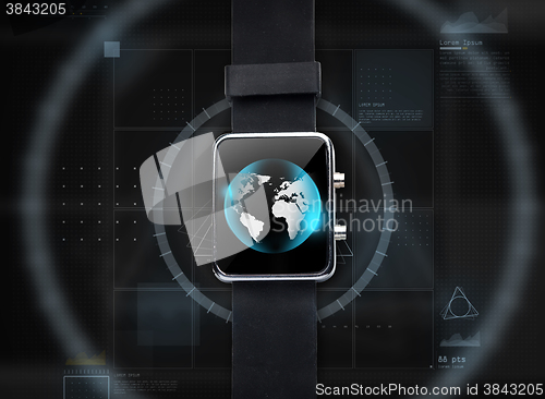 Image of close up of black smart watch with world globe