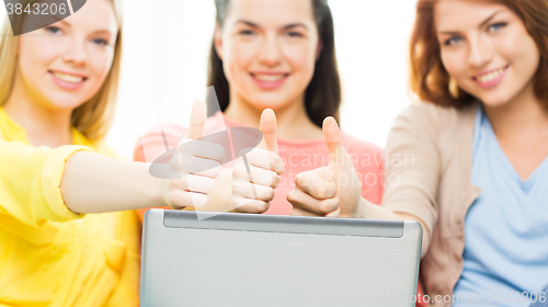 Image of close up of women or friends with laptop at home