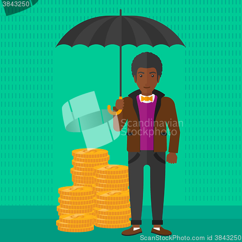 Image of Man with umbrella protecting money.