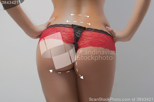 Image of plastic surgery, beauty, people and bodycare concept. female ass with lines