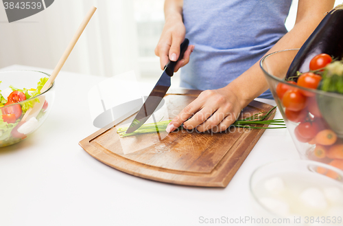 Image of close up of woman chopping green onion with knife