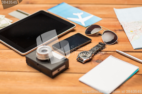 Image of close up of smartphone and travel stuff