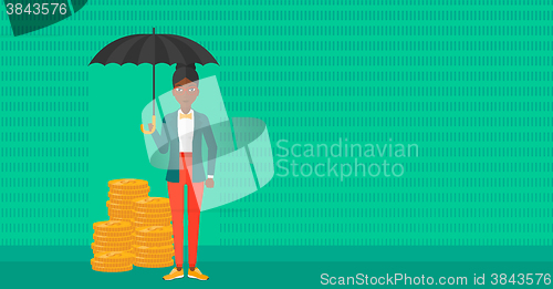 Image of Woman with umbrella protecting money.