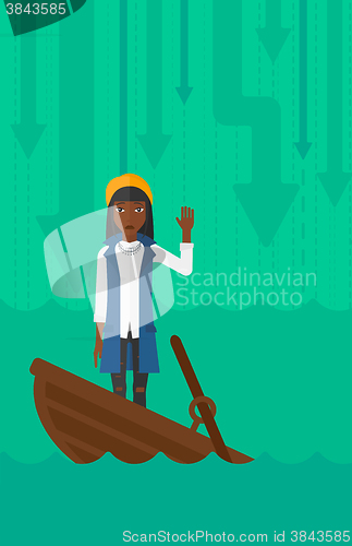 Image of Business woman standing in sinking boat.