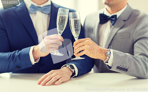 Image of close up of male gay couple with champagne glasses