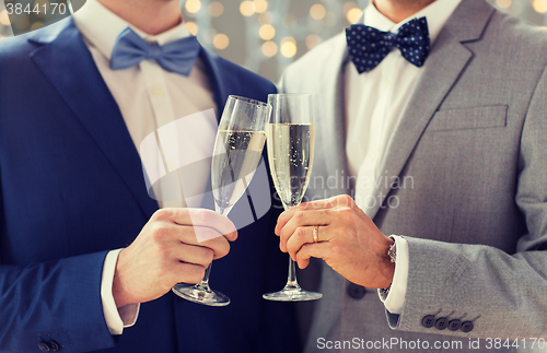 Image of close up of male gay couple with champagne glasses