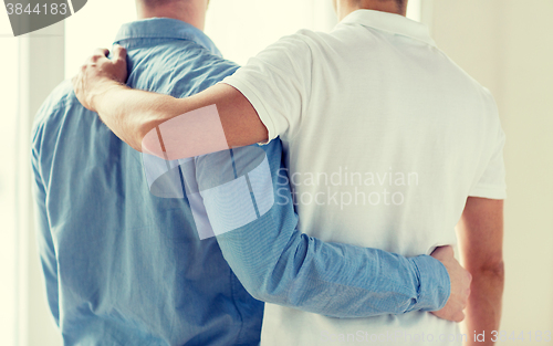 Image of close up of happy male gay couple hugging