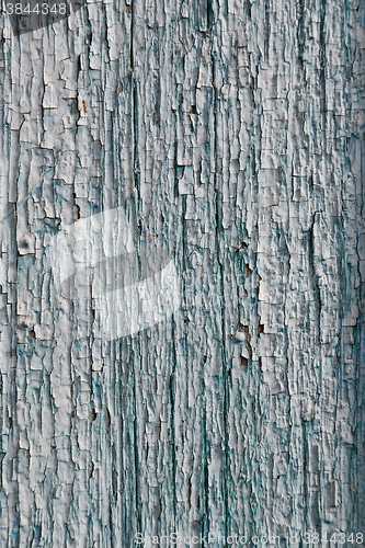 Image of Old blue cracked paint on wooden background