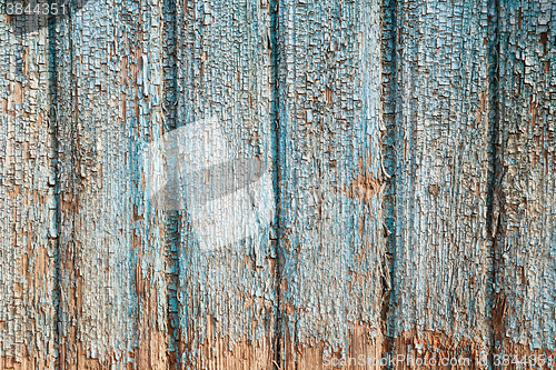 Image of Old blue cracked paint on wooden background