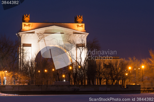 Image of Volgograd, Russia - February 20, 2016: The front arch gateway 1 WEC ship canal Lenin Volga-Don, in the night-time Krasnoarmeysk district of Volgograd