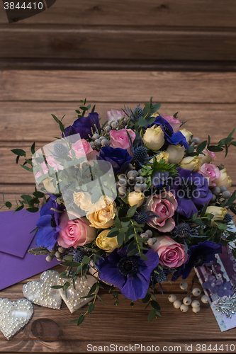 Image of beautiful bouquet flowers and hearts 
