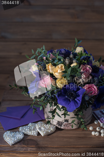Image of beautiful bouquet flowers and hearts 