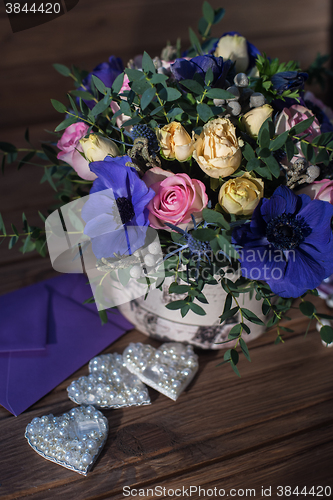 Image of beautiful bouquet flowers and hearts 