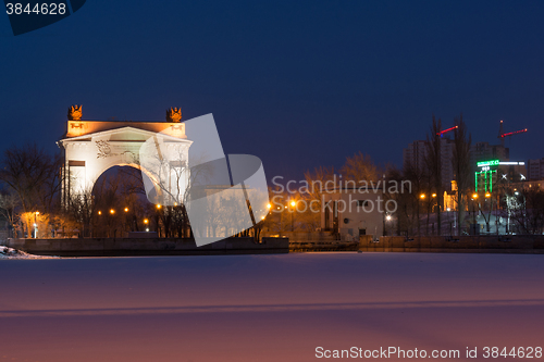 Image of Volgograd, Russia - February 20, 2016: Night view of the front arch of the gateway 1 WEC ship canal Lenin Volga-Don, in Krasnoarmeysk district of Volgograd