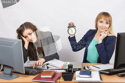 Image of Two office workers wait for the end of the working day