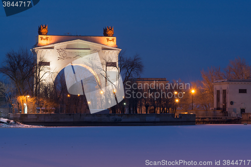 Image of Volgograd, Russia - February 20, 2016: View of the night the front arch gateway 1 WEC ship canal Lenin Volga-Don, in Krasnoarmeysk district of Volgograd