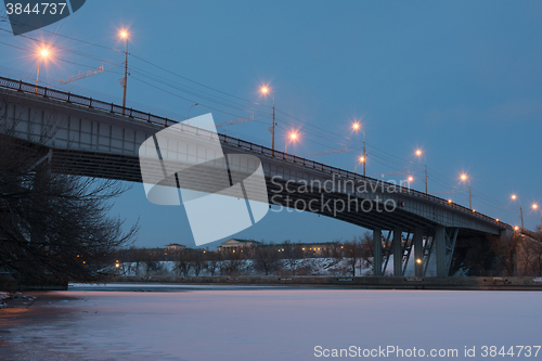 Image of Volgograd, Russia - February 20, 2016: Night view of the bridge across the Volga-Don canal Lenin in Krasnoarmeysk district of Volgograd