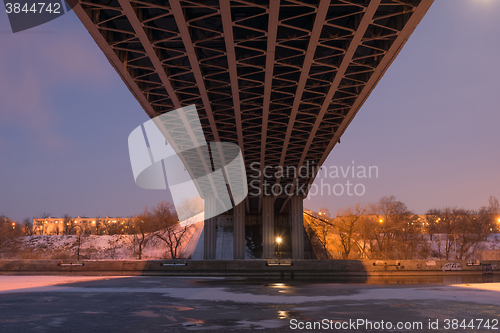 Image of Volgograd, Russia - February 20, 2016: Night view of the bottom of the road bridge across the Volga-Don canal Lenin in Krasnoarmeysk district of Volgograd