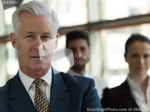 Image of portrait of senior businessman as leader  with staff in backgrou