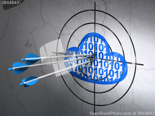 Image of Cloud networking concept: arrows in Cloud With Code target on wall background