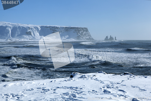 Image of Wide lens capture of the three pinnacles of Vik, Iceland in wint