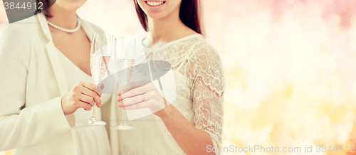 Image of close up of lesbian couple with champagne glasses