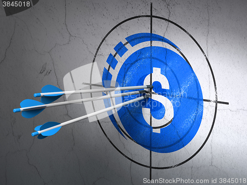Image of Currency concept: arrows in Dollar Coin target on wall background