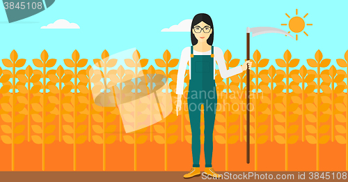 Image of Farmer on the field with scythe.