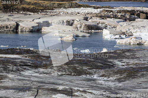 Image of Glacial ice float away on a river bank, Iceland