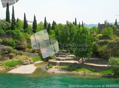 Image of  ancient structures fortress bridges  River Moraca by historic d