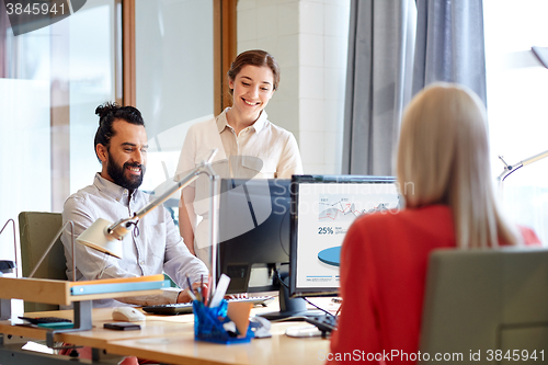 Image of happy creative team with computers in office