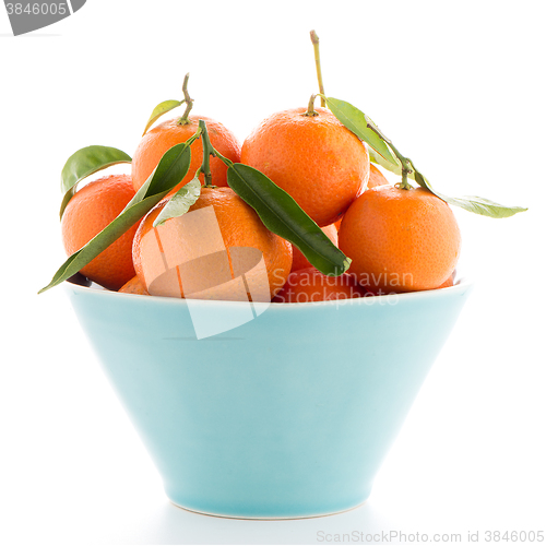 Image of Tangerines on ceramic blue bowl 