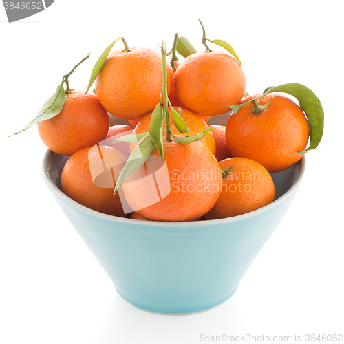 Image of Tangerines on ceramic blue bowl 