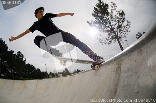 Image of Skateboarder doing a tail slide