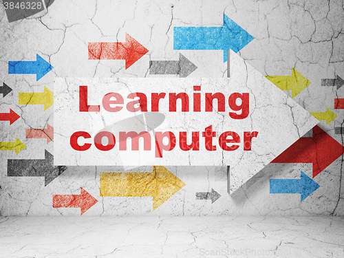 Image of Education concept: arrow with Learning Computer on grunge wall background