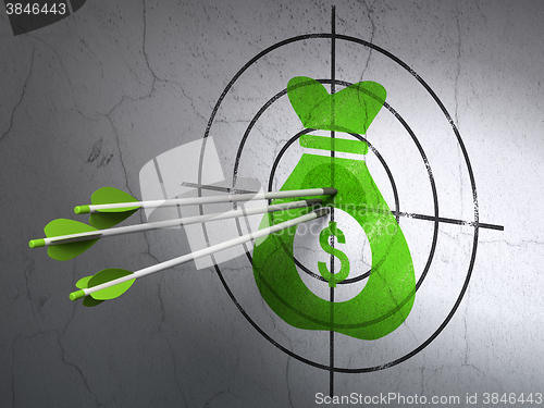 Image of Business concept: arrows in Money Bag target on wall background