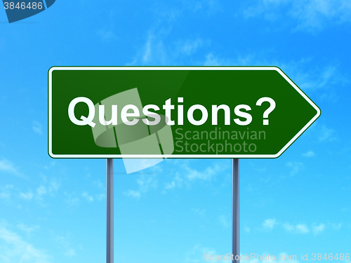 Image of Studying concept: Questions? on road sign background