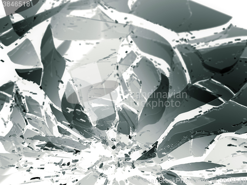 Image of Destructed or Shattered glass pieces on white shallow DOF