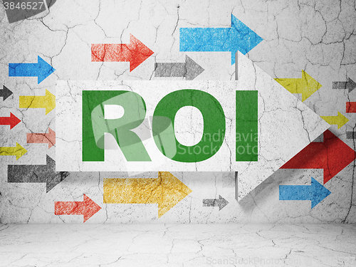Image of Finance concept: arrow with ROI on grunge wall background